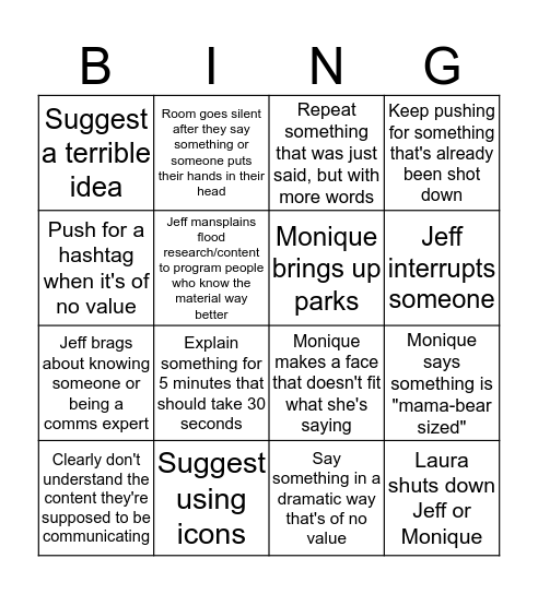 Meetings with Monique and Jeff Bingo Card