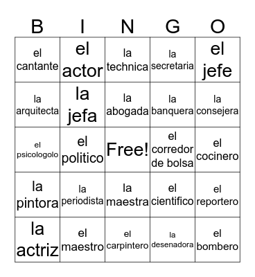 Las Ocupaciones Bingo Card