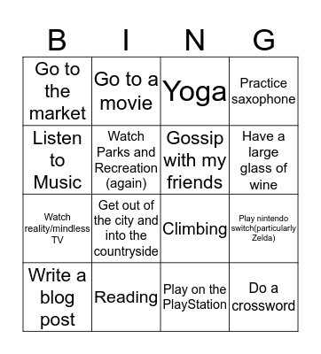 Relaxation Bingo Card