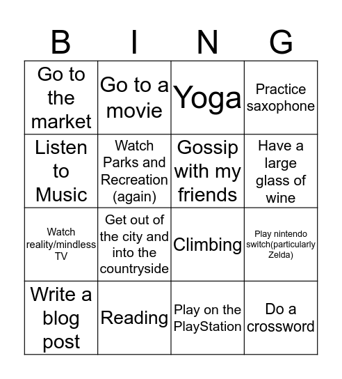 Relaxation Bingo Card