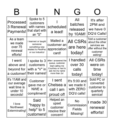 Customer Service / Teamwork Bingo Card