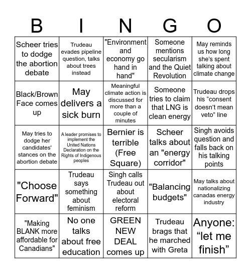 Federal Leaders’ Debate Bingo Card