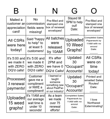 Customer Service/ Teamwork Bingo! Bingo Card