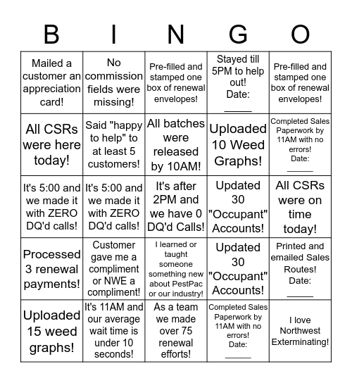 Customer Service/ Teamwork Bingo! Bingo Card