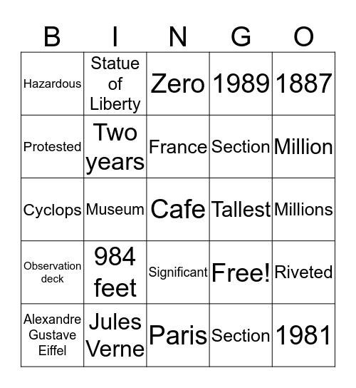 Eiffel Tower Bingo Card