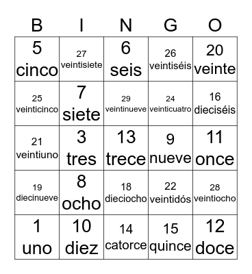 Spanish Numbers Bingo Card