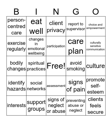 Health & Emotional Wellbeing Bingo Card