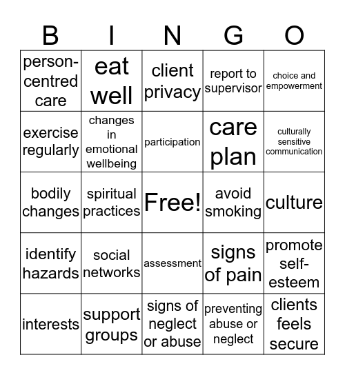 Health & Emotional Wellbeing Bingo Card
