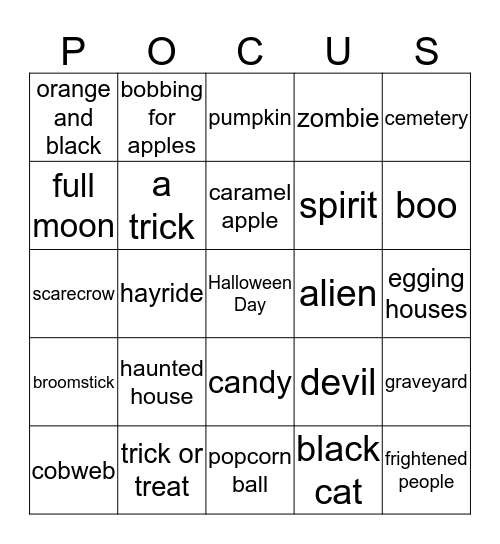 Hocus Pocus movie Bingo Card