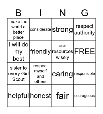 Girl Scout Law Bingo Card