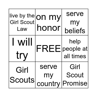 Girl Scout Promise Bingo Card