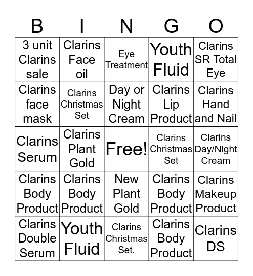 Clarins Bingo Card