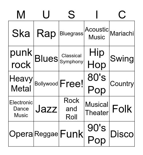 MUSIC GENRE BINGO Card