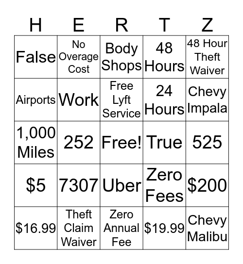 HERTZ O Bingo Card