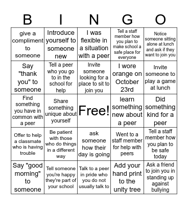 Bully Prevention Bingo Card