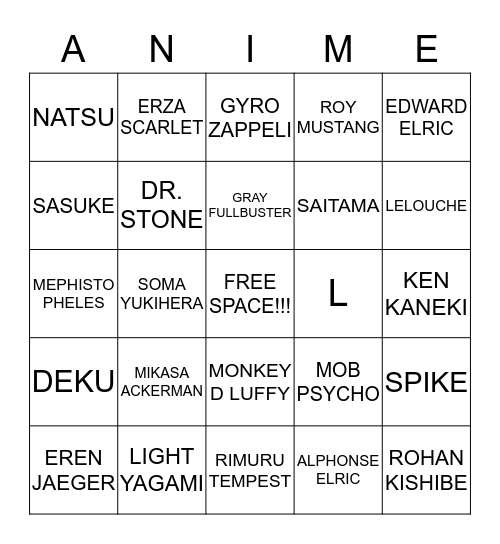 BELLA'S ANIME BINGO Card