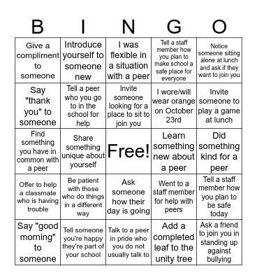 Bully Prevention Bingo Card