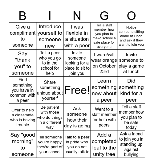 Bully Prevention Bingo Card