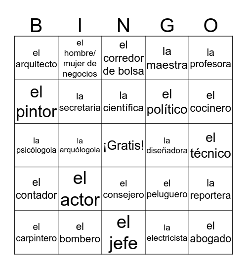 Las ocupaciones Bingo Card