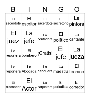 Las Ocupaciones Bingo Card
