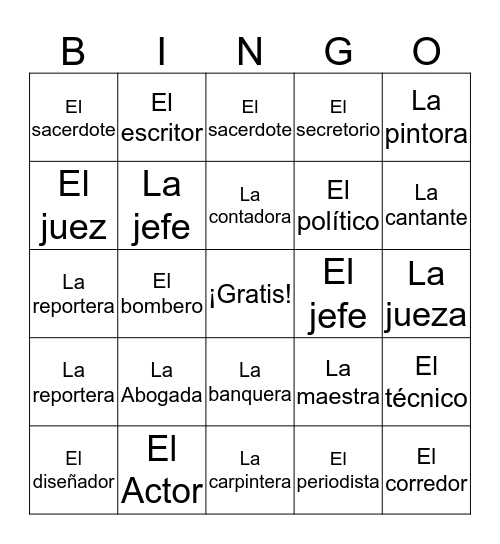 Las Ocupaciones Bingo Card