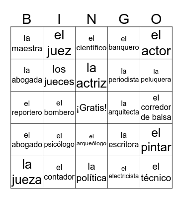 Las Ocupaciones Bingo Card