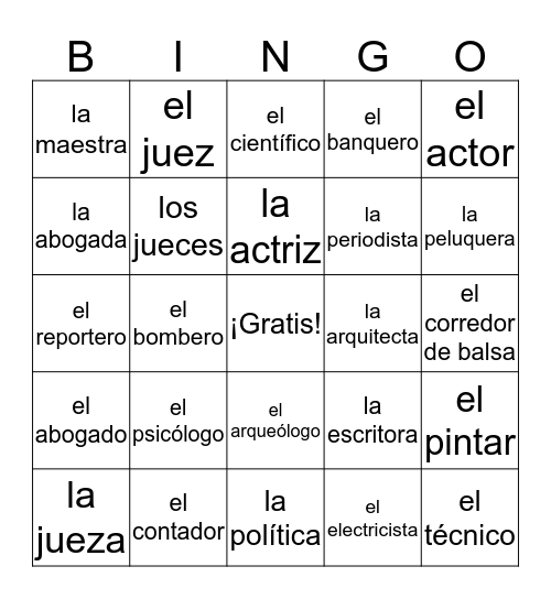 Las Ocupaciones Bingo Card