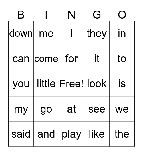 Sight Words Bingo Card