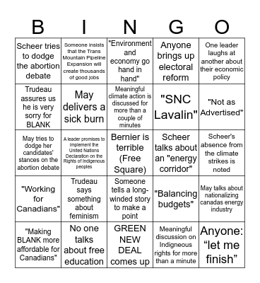 Federal Leaders’ Debate Bingo Card