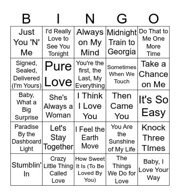 70's Love Songs Bingo Card