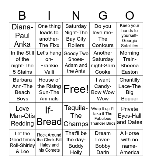 BB88 American Bandstand! Bingo Card
