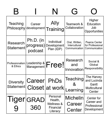 Professional Development at Clemson Bingo Card