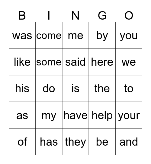 Year 1 Sight Word Bingo Card