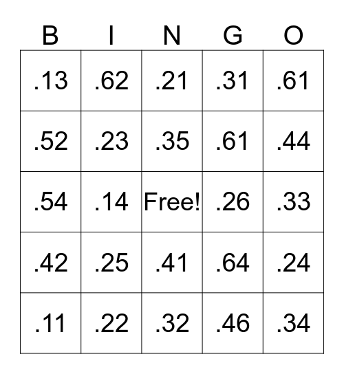 Bingo to the Hundreths Bingo Card
