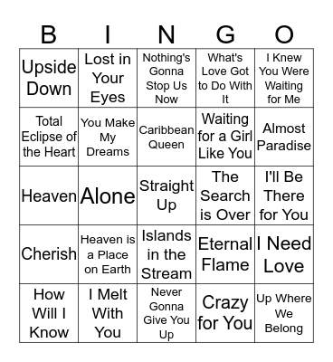 80's Love Songs Bingo Card