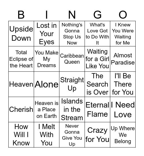 80's Love Songs Bingo Card