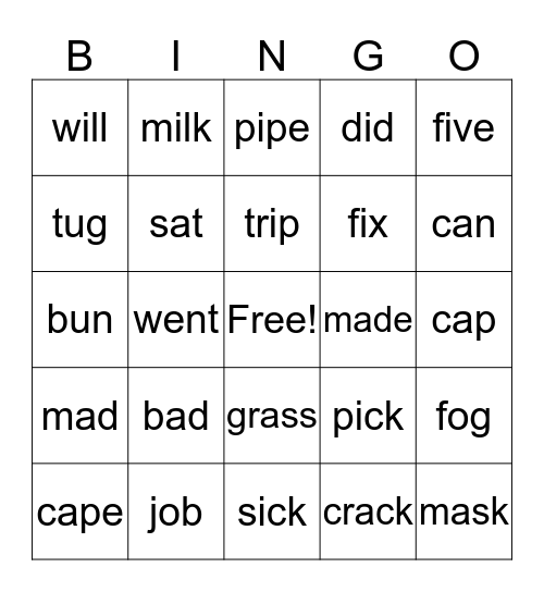 Unit One Spelling Bingo Card