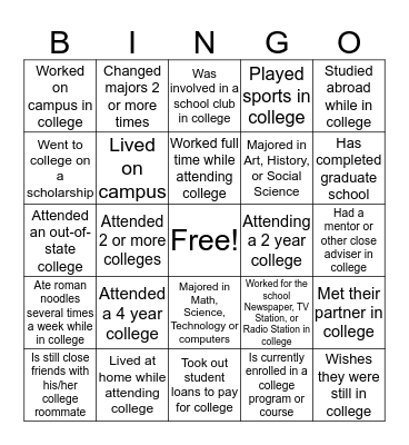 College BINGO Activity Bingo Card
