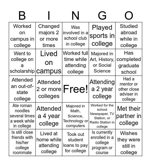 College BINGO Activity Bingo Card