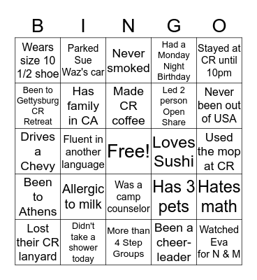 Retreat Kick Off Friends BINGO Card