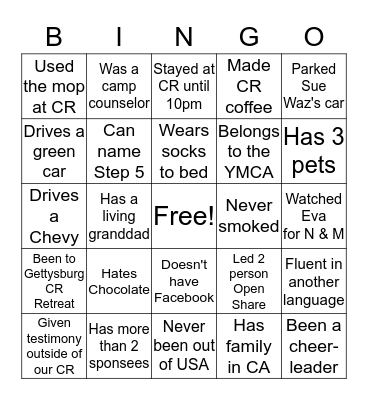 Retreat Kick Off Friends BINGO Card