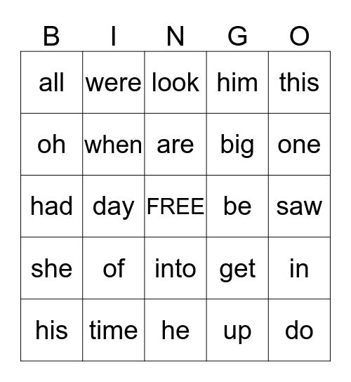 High Frequency Words Bingo Card