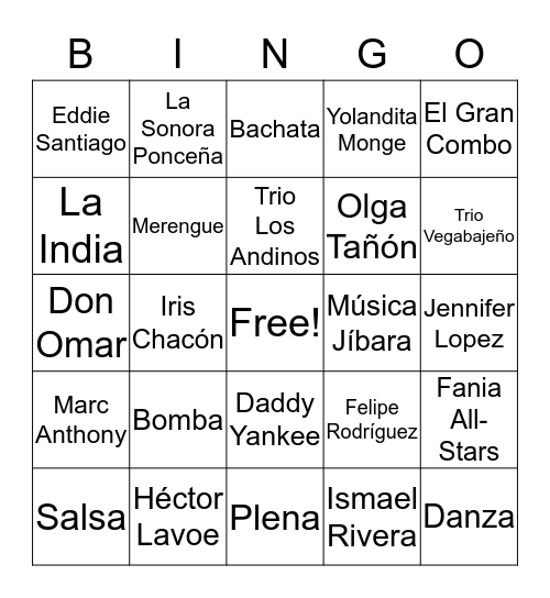 Cantando y Bailando en                   Puerto Rico Bingo Card