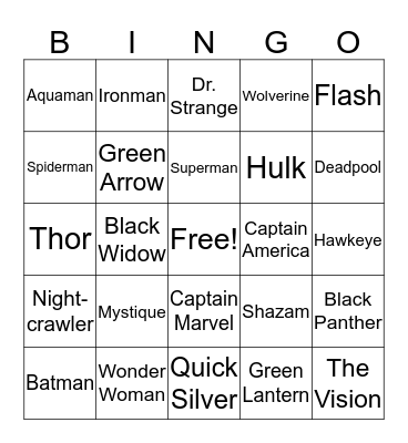 Superhero Bingo Card