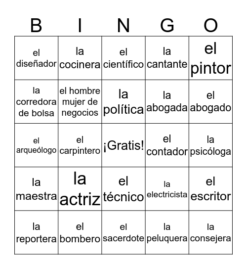 Las Ocupaciones Bingo Card