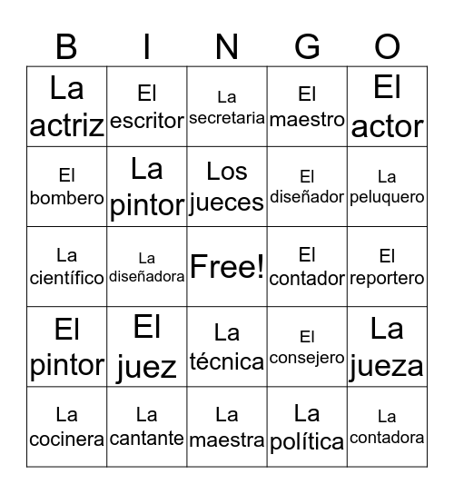 Las Ocupaciones Bingo Card