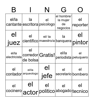 Las Ocupaciones Bingo Card
