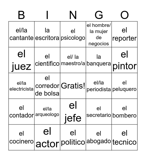 Las Ocupaciones Bingo Card
