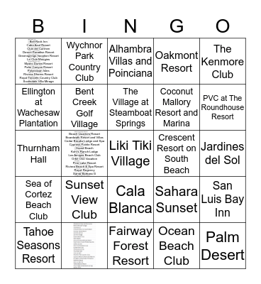 Diamond Resorts Bingo Card