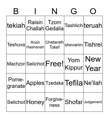 Rosh Hashana/Yom Kippur Bingo Card